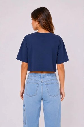 Kedi Baskılı Oversize Crop Tişört Salaş Basic Yarım Kol T-shirt - Lacivert