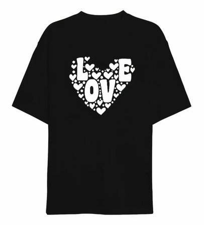 14 Şubat Sevgililer Günü Love Kalp Baskılı Oversize Bisiklet Yaka T-shirt - Siyah