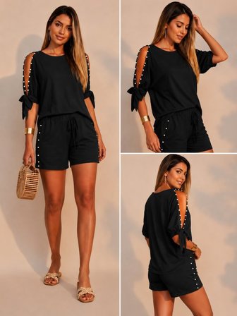 Kadın Kısa Kollu Bisiklet Yaka Yarı Açık Omuz Inci Detaylı şort T-shirt Viskon Ikili Takım
