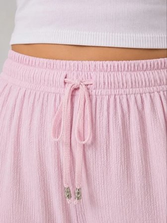 Battal Beden Bürümcük Kumaş Beli Lastikli Bağcıklı Bol Paça Palazzo Pantolon - Pembe