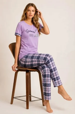 Pamuklu Penye Summer Baskılı Kısa Kollu Pijama Takımı Bisiklet Yaka Ekose Desenli - Lila