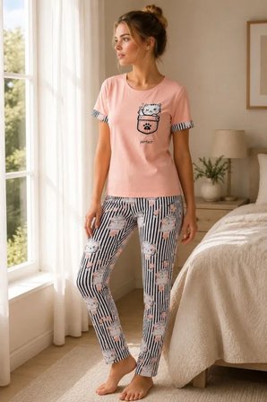 Pamuklu Penye Kedi Baskılı Kısa Kollu Bisiklet Yaka Çizgili Pijama Takımı - Pudra