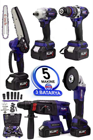 Şarjlı 5 Makine 3 Batarya Akülü Kömürsüz Hilti - Taşlama - Somun Sökme Sıkma - Matkap - Dal Budama