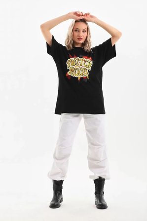 Unisex Baskılı Oversize T-Shirt - Siyah