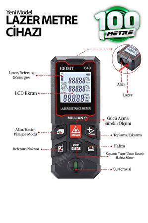 Yüksek Hassasiyet 100 Metre Lazer Metre Ölçer LCD Dijital Ekran Su Terazili Lazermetre Lazerli