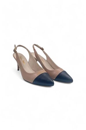 Glamora Bej-Siyah Kadın Rahat Kısa Klasik Topuklu Ayakkabı