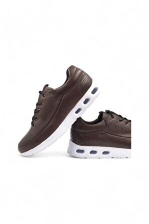 Embur Kahverengi Hakiki Deri Bağcıklı Sneaker Spor Ayakkabı