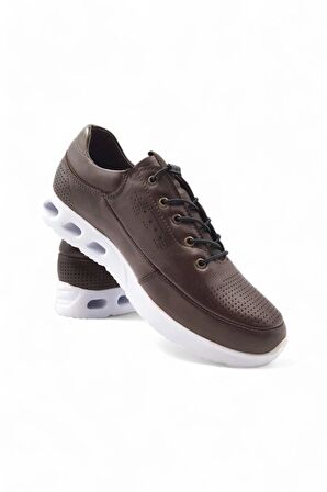 Embur Kahverengi Hakiki Deri Bağcıklı Sneaker Spor Ayakkabı