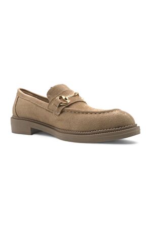 Dazzle Bej Kadın Loafer Toka Detaylı Süet Makosen Günlük Ayakkabı