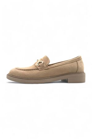 Dazzle Bej Kadın Loafer Toka Detaylı Süet Makosen Günlük Ayakkabı