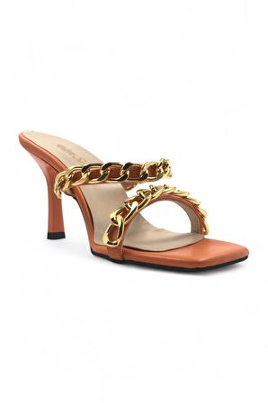 Snazzy Turuncu Kadın Zincir Detaylı Şık Ve Zarif Topuklu Terlik