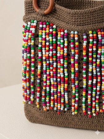 ​%100 El Örgüsü Renkli Boncuklu Tığ İşi Çanta - Ahşap Saplı (Handmade)