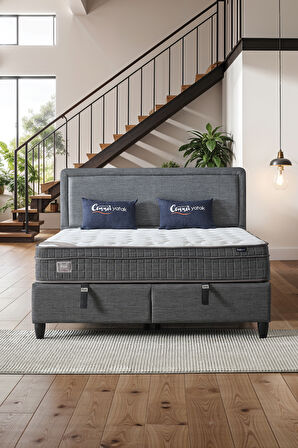 Melisa Çift Kişilik Sandıklı Baza + Full Ortopedik Antibakteriyel Paket Yaylı Visco Yatak + Başlık 3 lü Set