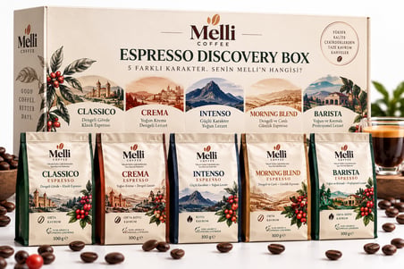 Melli Coffee Espresso Discovery Box 5’li Deneme Seti 500 g – Classico, Crema, Intenso, Morning Blend, Barista – 5 x 100 g Çekirdek Kahve