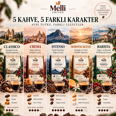 Melli Coffee Espresso Discovery Box 5’li Deneme Seti 500 g – Classico, Crema, Intenso, Morning Blend, Barista – 5 x 100 g Çekirdek Kahve