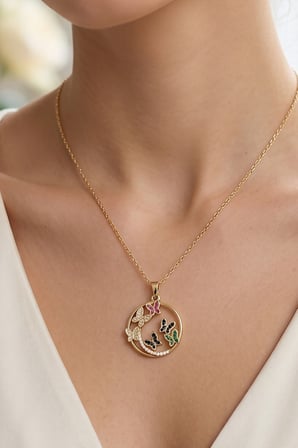 Valmont Accessories Altın Renk Renkli Kelebek Model Zirkon Taşlı Kadın Kolye 45 cm
