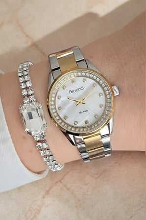 Bileklik Hediyeli Altın/Metalik Kadın Kol Saati 30 mm Taşlı Sedef Kadran Çelik Kordon 2 Yıl Garantili