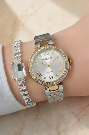 Bileklik Hediyeli Altın/Metalik Kadın Kol Saati 29 mm Taşlı Metal Kadran Çelik Kordon 2 Yıl Garanti