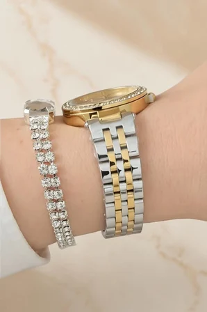 Bileklik Hediyeli Altın/Metalik Kadın Kol Saati 29 mm Taşlı Metal Kadran Çelik Kordon 2 Yıl Garanti