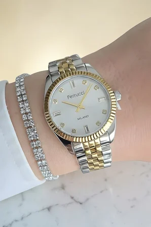 Bileklik Hediyeli Altın/Metalik Kadın Kol Saati 35 mm Baget Taşlı Çelik Kordon 2 Yıl Garantili