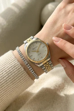 Bileklik Hediyeli Altın/Metalik Kadın Kol Saati 35 mm Baget Taşlı Çelik Kordon 2 Yıl Garantili