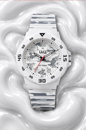 Q&Q 10 ATM Su Geçirmez - 43 mm - Beyaz Gri Kamuflaj Desenli Analog Yetişkin Çocuk Kol Saati
