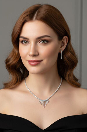 Taşlı Kolye ve Küpe Düğün, Kına, Nişan Gelin 2'li Takı Seti