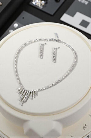 Taşlı Kolye ve Küpe Düğün, Kına, Nişan Gelin 2'li Takı Seti