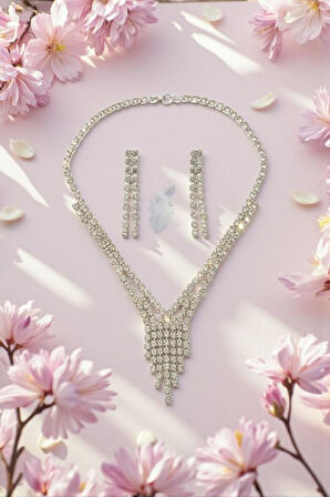 Accessories Kolye ve Küpe Düğün, Kına, Nişan Gelin Taşlı 2'li Takı Seti