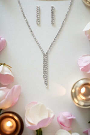 Accessories Taşlı İnce Su Yolu Kolye ve Küpe Düğün, Kına, Nişan Gelin Takı Seti
