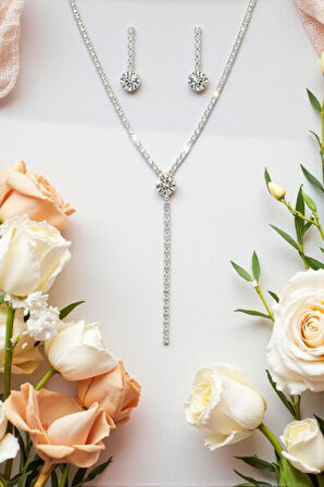 Kolye ve Küpe Düğün, Kına, Nişan Gelin 2'li Taşlı Takı Seti