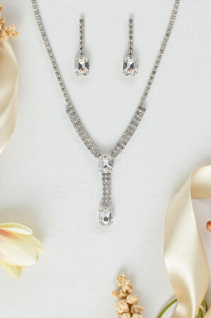 Accessories Kare Taşlı Kolye ve Küpe Düğün, Kına, Nişan Gelin 2'li Takı Seti