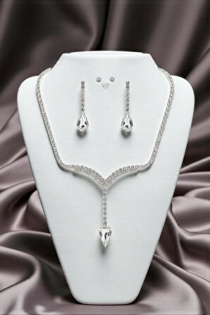 Accessories Damla Taşlı Kolye ve Küpe Düğün, Kına, Nişan Gelin 2'li Takı Seti