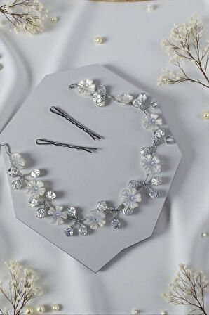 Accessories Çiçek Figürlü Taşlı Saç Aksesuarı, Gelin Tacı, Nişan Nikâh Kına Saç Aksesuarı, Alınlık