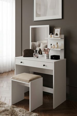 Papi-Co Aura Makyaj Masası Aynalı Beyaz Puflu 1 Çekmeceli Modern Raf Sistemli