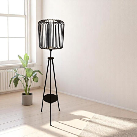 Miral Raflı Siyah Tripod Kafes Lambader