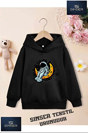 Kız/Erkek Çocuk Beyaz Kapüşonlu ''ASTRONOT AYA OTURAN'' Baskılı Sweatshirt