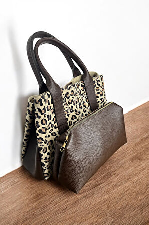 Leopar Desenli Deri Omuz Çantası, Kahverengi Detaylı, Fermuarlı