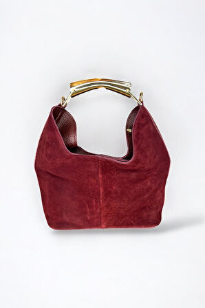 Süet Hobo Çanta, Bordo Renk, Altın Rengi Metal Detaylı, Leopar Desenli İç Astar
