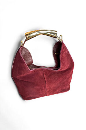 Süet Hobo Çanta, Bordo Renk, Altın Rengi Metal Detaylı, Leopar Desenli İç Astar