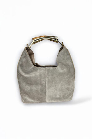 Gri Süet Hobo Çanta, Leopar Desenli Astar, Altın Rengi Metal Detaylı