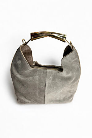 Gri Süet Hobo Çanta, Leopar Desenli Astar, Altın Rengi Metal Detaylı