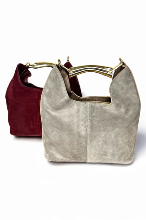 Gri Süet Hobo Çanta, Leopar Desenli Astar, Altın Rengi Metal Detaylı