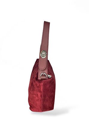 Süet Omuz Çantası, Bordo Renk, Leopar Desenli İç Astar, Metal Fermuarlı