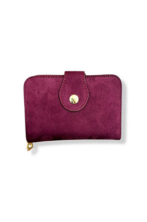 Kadın Süet Mini Cüzdan, Fermuarlı, Bordo, 8 Kartlık, Metal Düğmeli