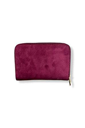 Kadın Süet Mini Cüzdan, Fermuarlı, Bordo, 8 Kartlık, Metal Düğmeli