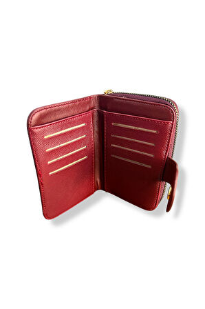 Kadın Süet Mini Cüzdan, Fermuarlı, Bordo, 8 Kartlık, Metal Düğmeli