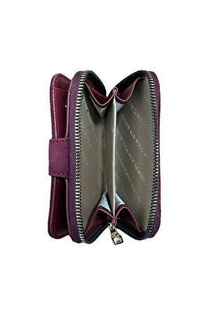 Kadın Süet Mini Cüzdan, Fermuarlı, Bordo, 8 Kartlık, Metal Düğmeli