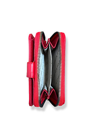 Kadın Mini Cüzdan, Fermuarlı, Kart Bölmeli, Kırmızı Deri, Metal Detaylı