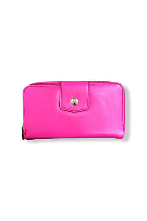 Fermuarlı Kadın Cüzdanı, Çok Bölmeli, Pembe, Metal Detaylı